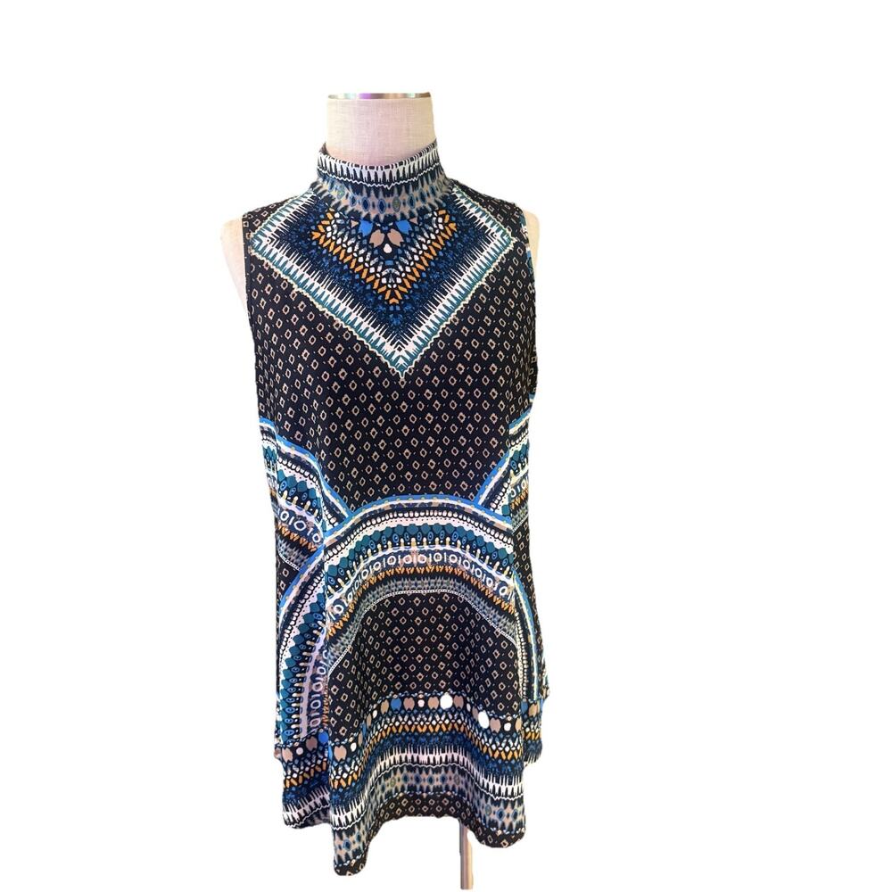 New Direction Blouse Tunic Top Womens Large Multicolor Geo Print Turtleneck